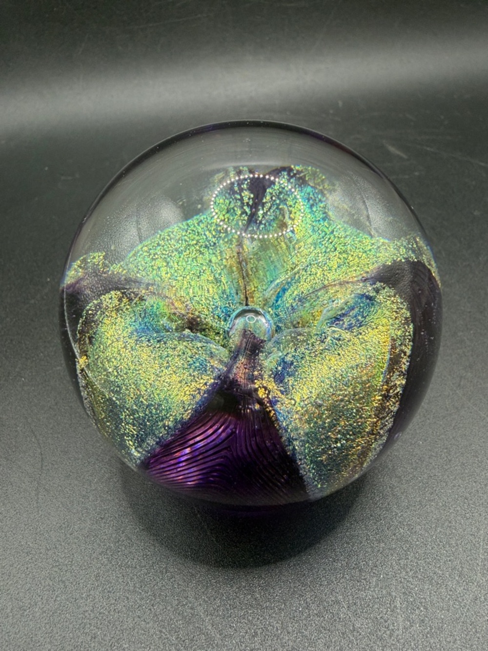 1993 GES Glass Eye Studio Paperweight Dichroic Purple Passion Flower Art Glass